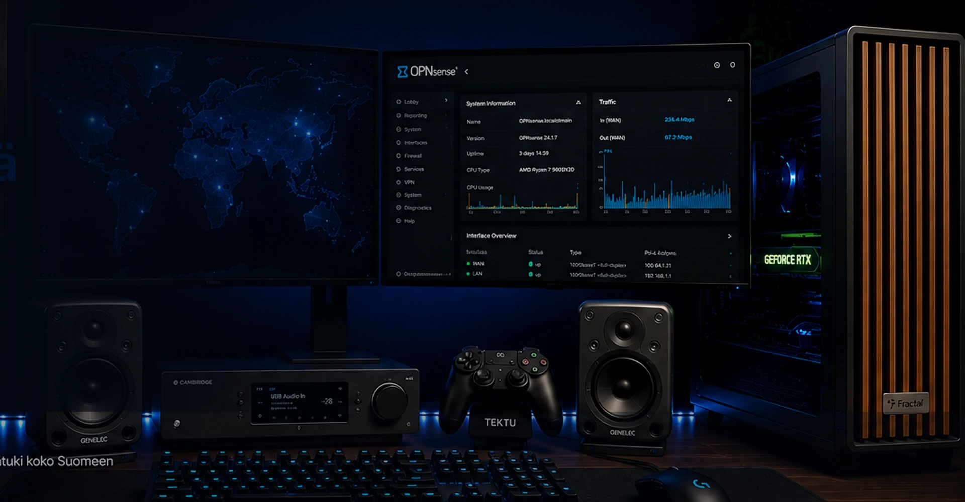 TEKTU:n sinivalaistu kahden näytön työpiste, Genelec-kaiuttimet ja Fractal Design North XL